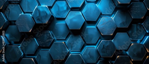 Hexagonal metallic pattern in 3D with carbon black details, under a vibrant blue glow, designed in a futuristic style with a shiny texture, photo