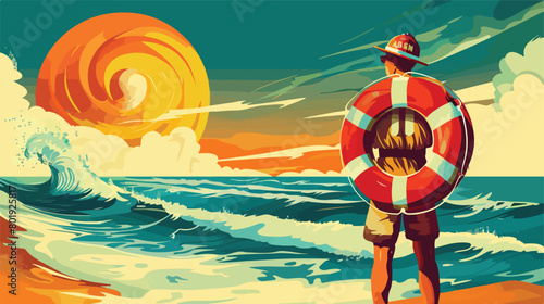 Beach rescuer with lifebuoy on color background Vector