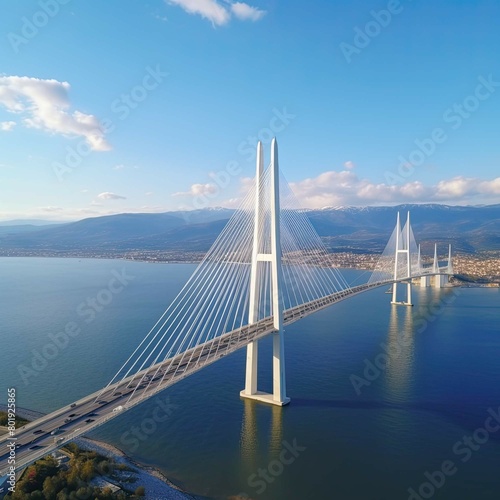 Aerial drone photo of world famous cable suspension bridge of Rio - Antirio Harilaos Trikoupis, crossing Corinthian Gulf, mainland Greece to Peloponnese, Patras. AI generated photo