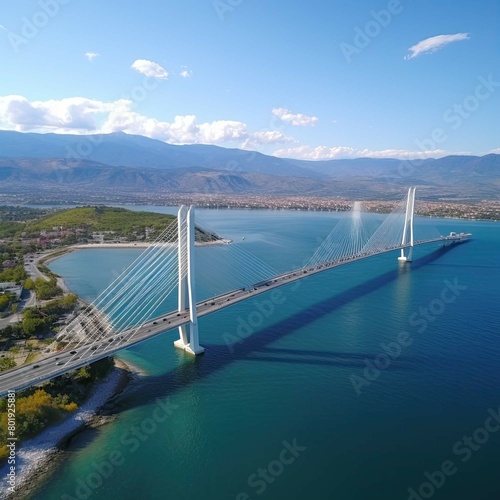 Aerial drone photo of world famous cable suspension bridge of Rio - Antirio Harilaos Trikoupis, crossing Corinthian Gulf, mainland Greece to Peloponnese, Patras. AI generated photo