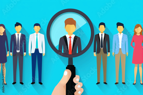 Choosing the best job candidate with magnifying glass