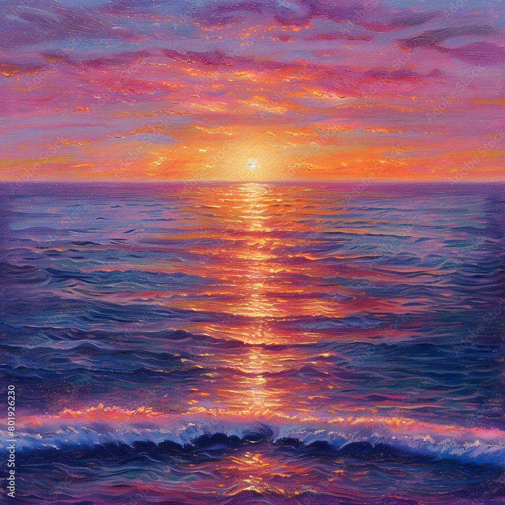 Fototapeta premium Peaceful sunset over the calm sea, with warm colors reflecting off the waves.