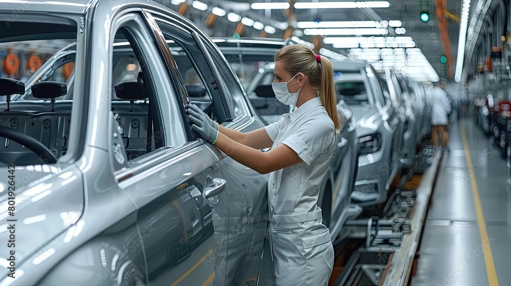 A woman in a white shirt and gloves is working on a car in a factory A woman in a white shirt and gloves is working on a car in a factory