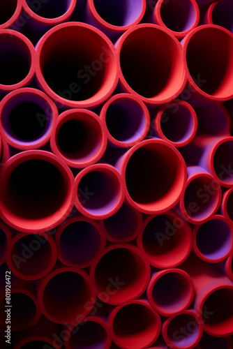 A captivating visual of numerous red cylindrical pipes packed closely  creating a striking abstract pattern