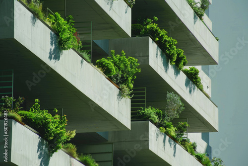 A modern city green concept where skyscraper balconies are adorned with lush green plants.