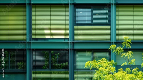 The windows in the green building reveal their intricate details. and control the temperature appropriately photo