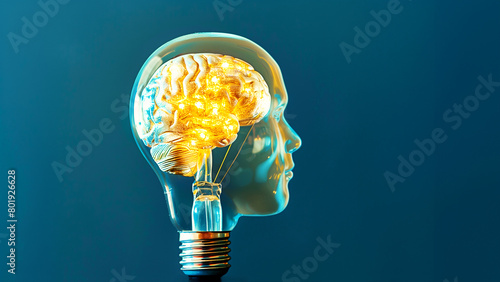 Creative mind concept with head shaped light bulb glowing brain