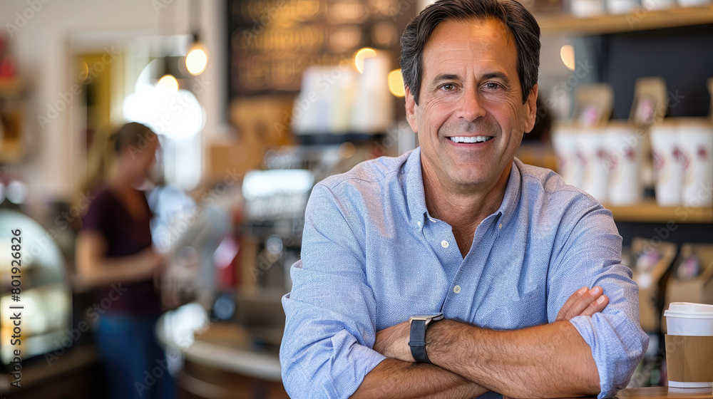 A man is smiling in a coffee shop A man is smiling in a coffee shop