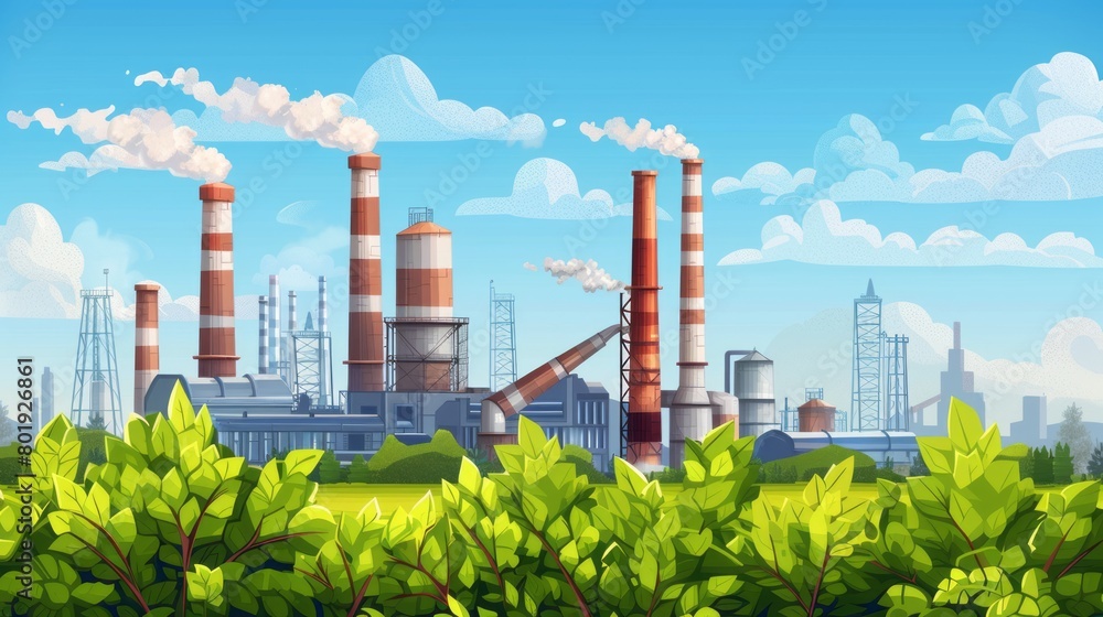Obraz premium Industrial landscape with factory and green trees. world environment day 