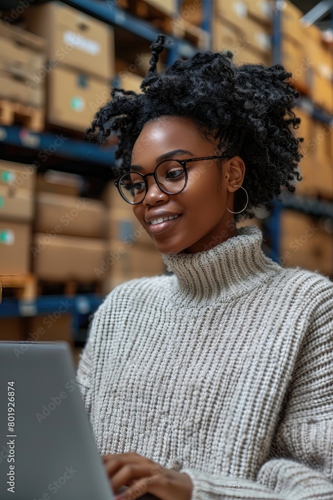 A woman wearing glasses is sitting in front of a laptop A woman wearing glasses is sitting in front of a laptop