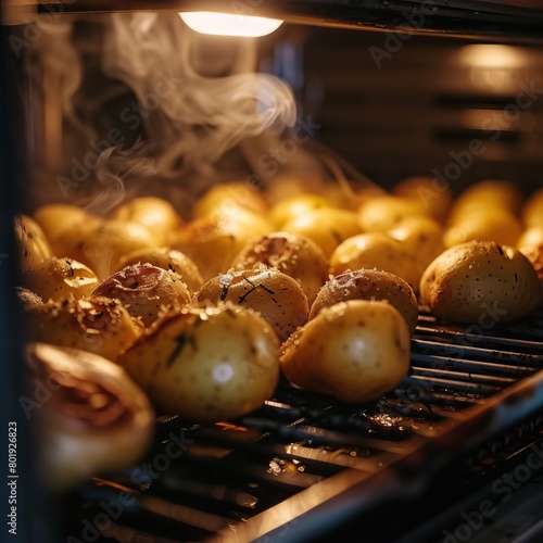 The potatoes are placed on the grill. The oven is turned on and the potatoes are baked until golden brown. photo