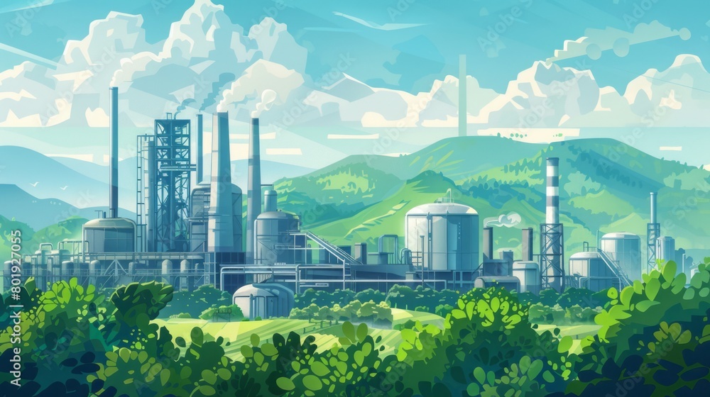 Obraz premium Industrial landscape with factory and green trees. world environment day 