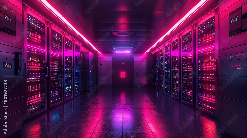 Server room racks with LED indicators, dim ambient light, eye-level, data security 