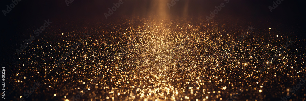 Abstract luxury gold background with gold particle. glitter vintage lights background. Christmas Golden light shine particles bokeh on dark background. Gold foil texture