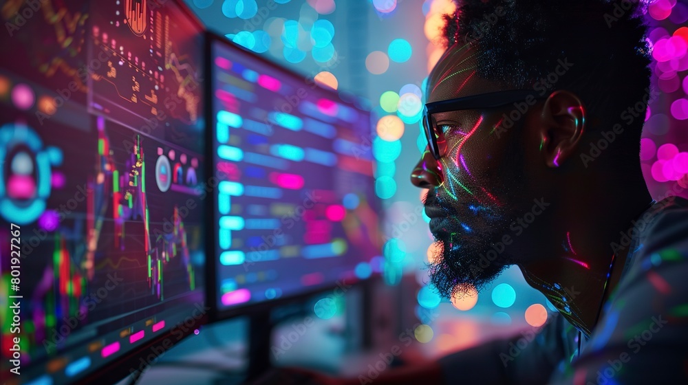 Data analyst at work, dual monitors glow, over-the-shoulder view, analysis in progress Data analyst at work, dual monitors glow, over-the-shoulder view, analysis in progress