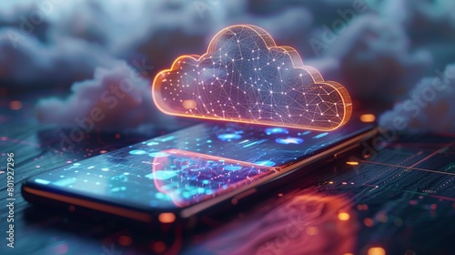 Cloud storage access on smartphone, soft backlight, close-up, digital convenience