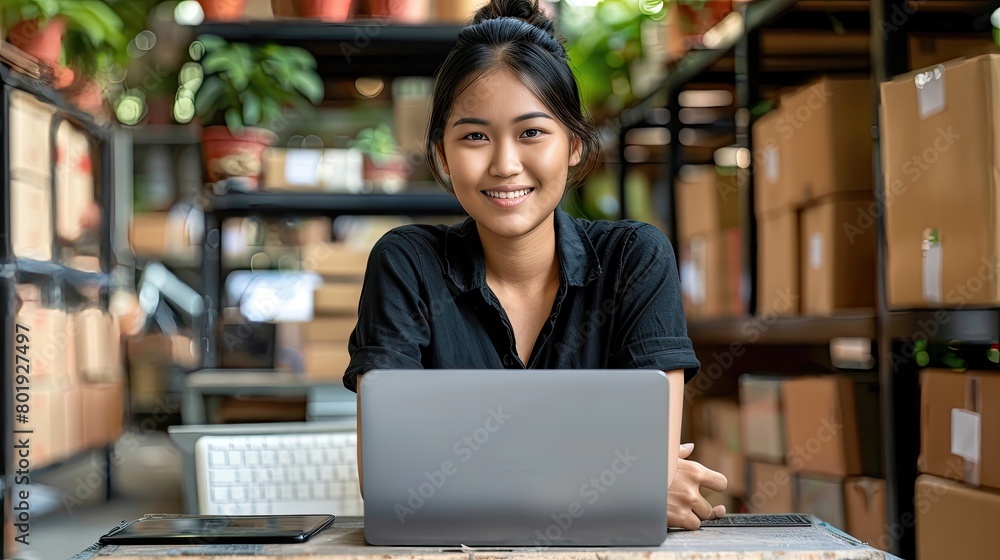 A woman is sitting at a desk with a laptop and a tablet A woman is sitting at a desk with a laptop and a tablet