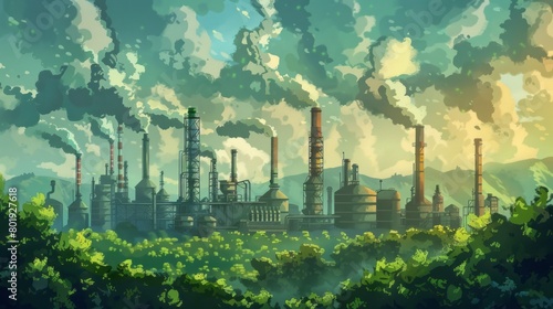 Industrial landscape with factory and green trees. world environment day 