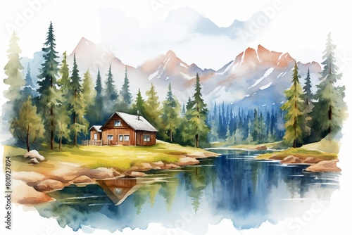 A watercolor of Mountain retreat setting with pine trees and a lake, in peaceful watercolors