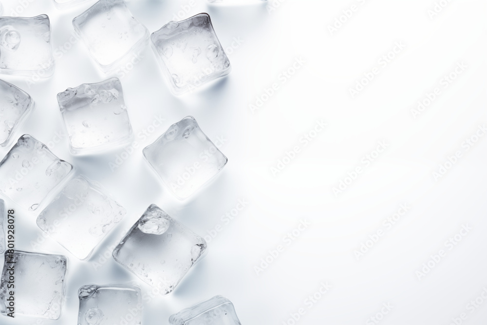 Scattered ice cubes with water droplets on a white background, conveying cool freshness. Generative AI Scattered ice cubes with water droplets on a white background, conveying cool freshness. Generative AI