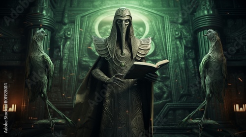 Egyptian god Thoth with the Emerald Tablet of Atlantis, Hermetic text.
