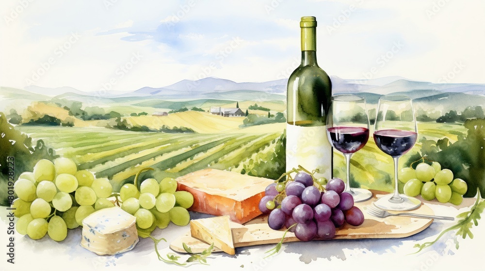 Fototapeta premium A watercolor of Vineyard tour essentials, wine bottle, grapes, cheese platter, glasses in a lush vineyard watercolor