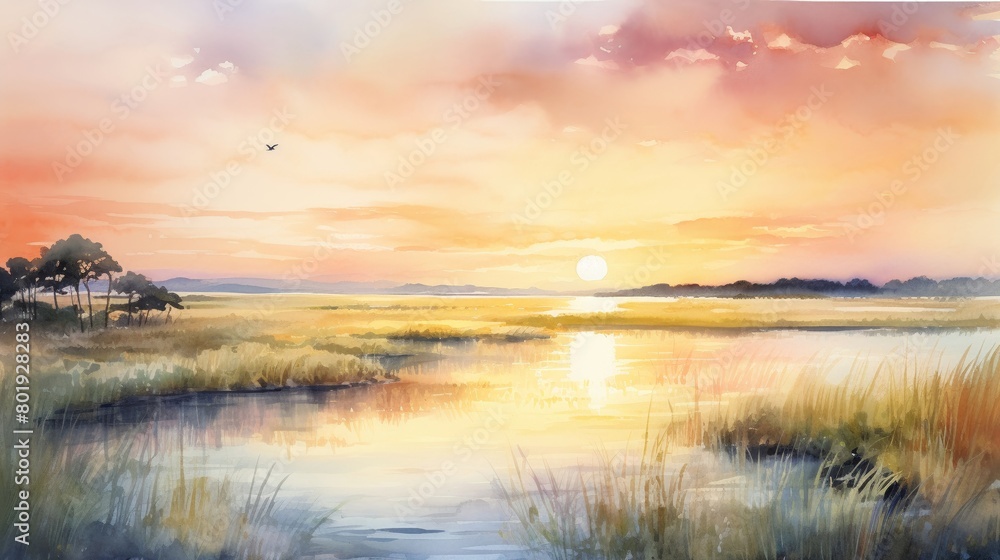 A watercolor of Wetlands and estuaries at sunset, critical habitats rich in biodiversity