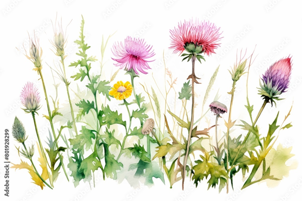 Watercolor painting of wild herbs and flowers set in a natural field Watercolor painting of wild herbs and flowers set in a natural field
