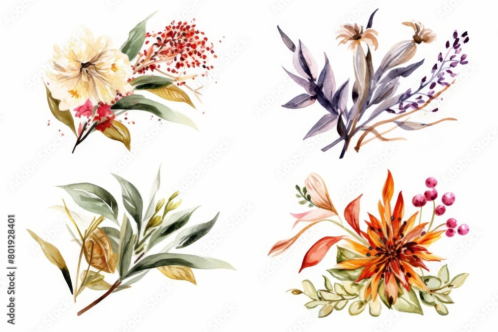 A set of four watercolor floral bouquets