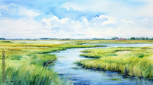 A watercolor of Salt marshes depicted at high tide, teeming with life, in vibrant and saturated watercolors photo