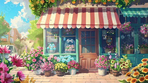 illustration of a beautiful cute flower shop in the summer season