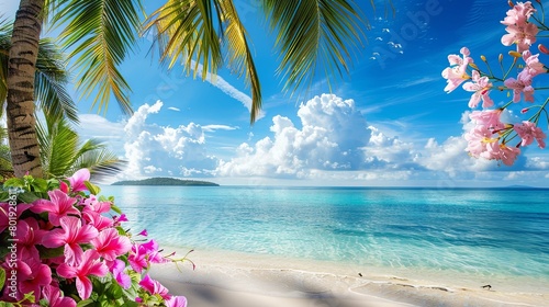 Tropical summer beautiful beach with palm tree and pink flowers