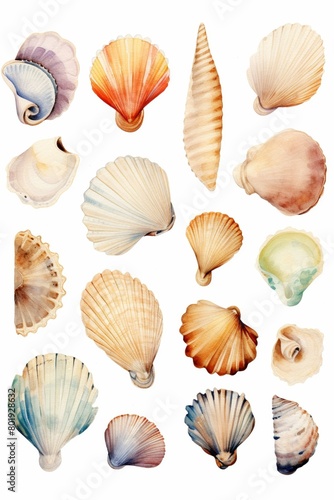 A watercolor of Collection of various seashells, detailed in soft watercolor tones isolated on white background