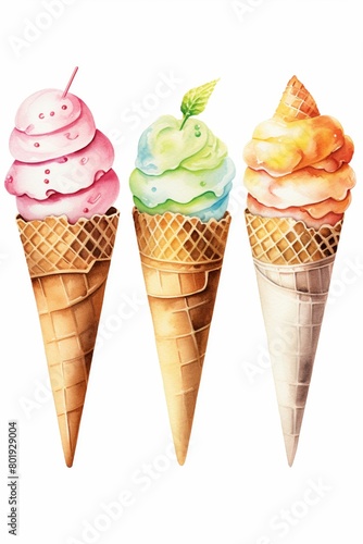 A watercolor of Ice cream parlor set with different flavored scoops, cones, scoop, in delicious watercolor textures isolated on white background