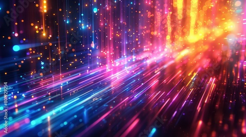 Detailed digital artwork showcasing dynamic light lines and vertical neon streaks on a dark gradient  simulating the speed of technology in a motion blur style 