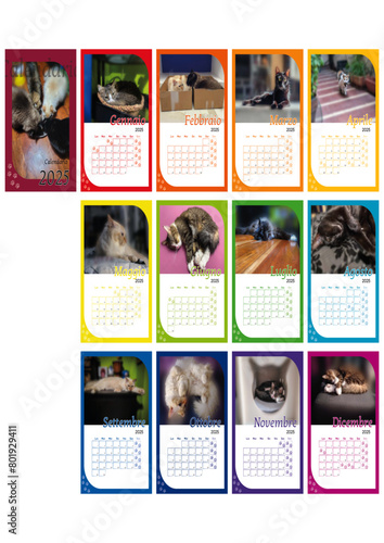 Calendario 2025 Gatti Template in Italiano, 12 pagine più copertina formato A3 - festività italiane