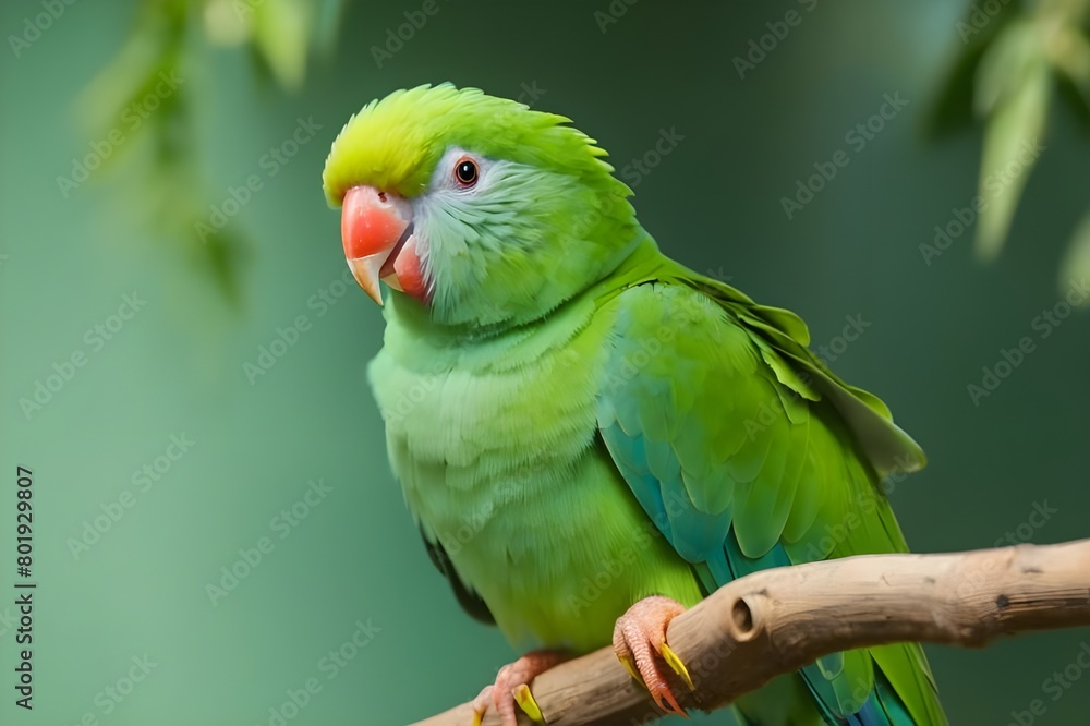 Naklejka premium Green parrot sitting in tree Generative AI