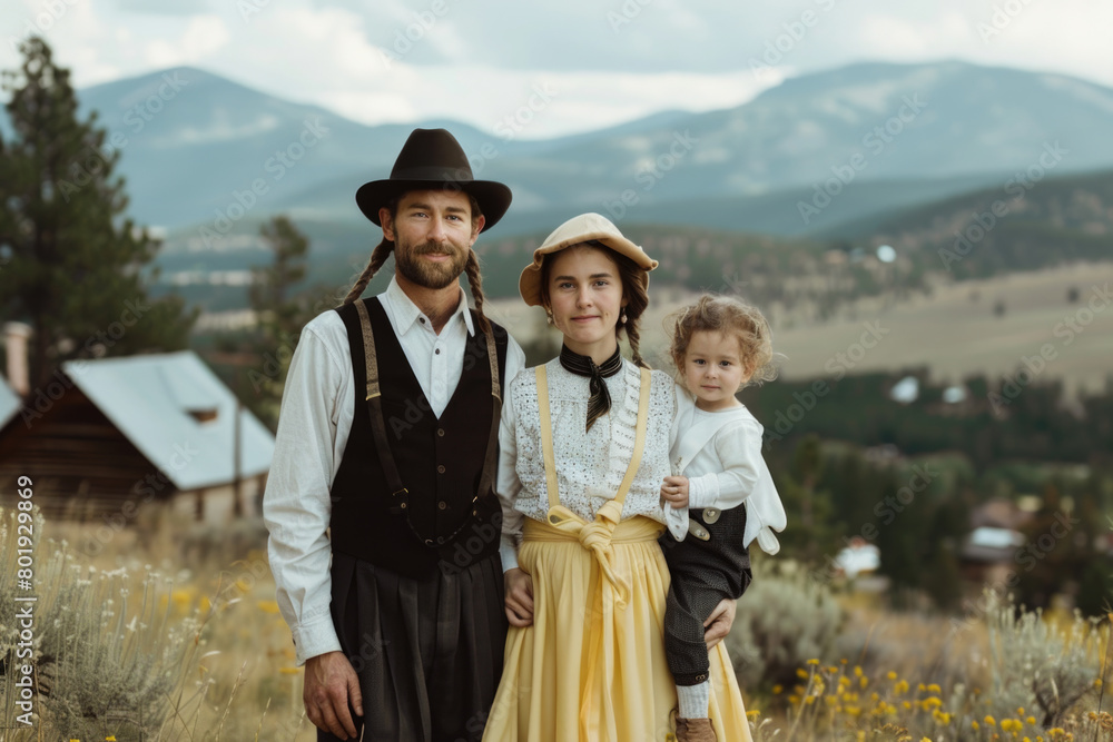 A portrait of the Amish on a mountain peak, with their house and mountain range in the background.