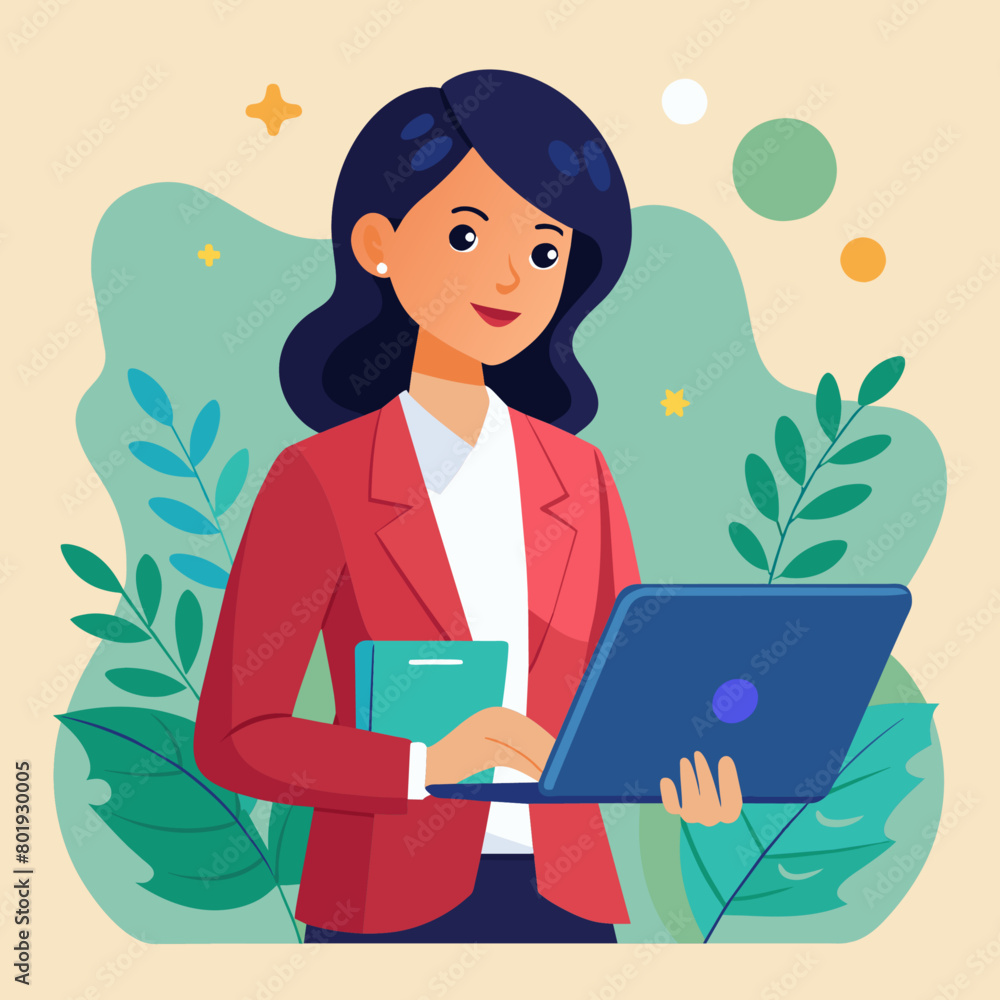 Illustration of a business girl with laptop and note board