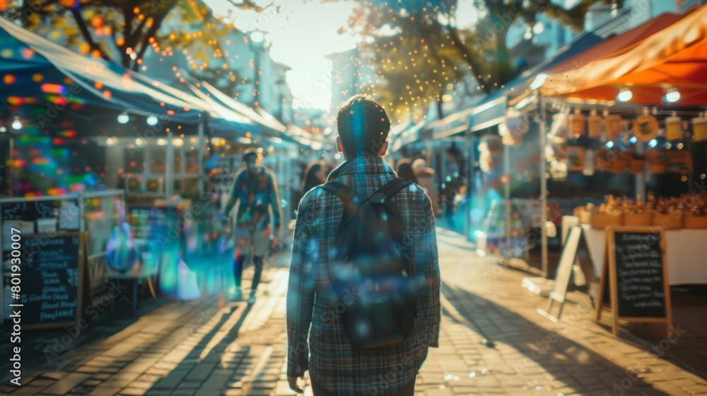 Fototapeta premium A person walking through a farmers market stopping at a craft beer stand to try a new flavor.