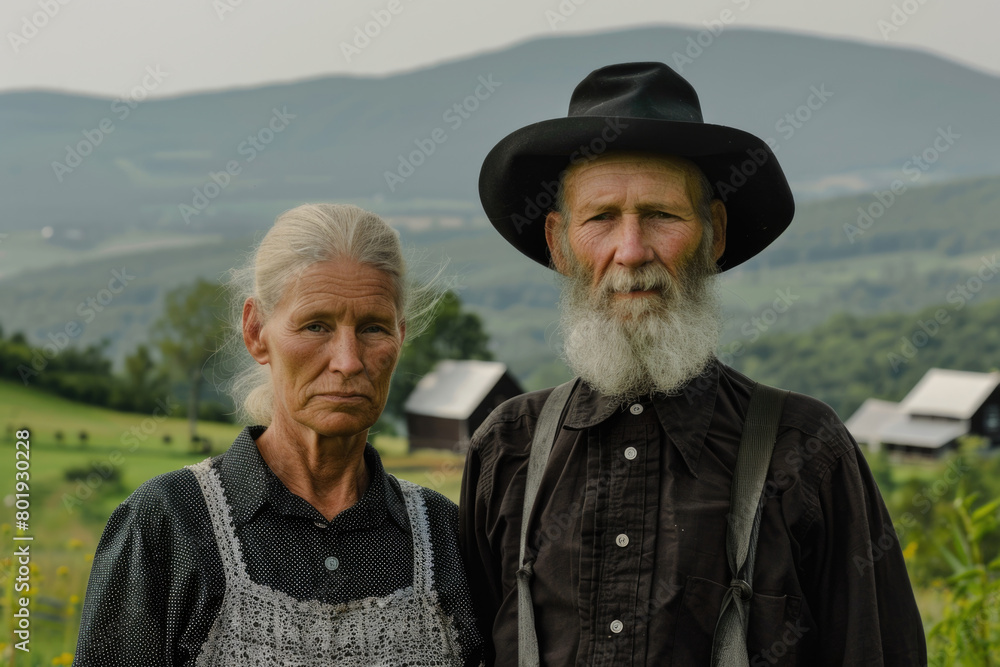 A portrait of the Amish on a mountain peak, with their house and mountain range in the background. A portrait of the Amish on a mountain peak, with their house and mountain range in the background.