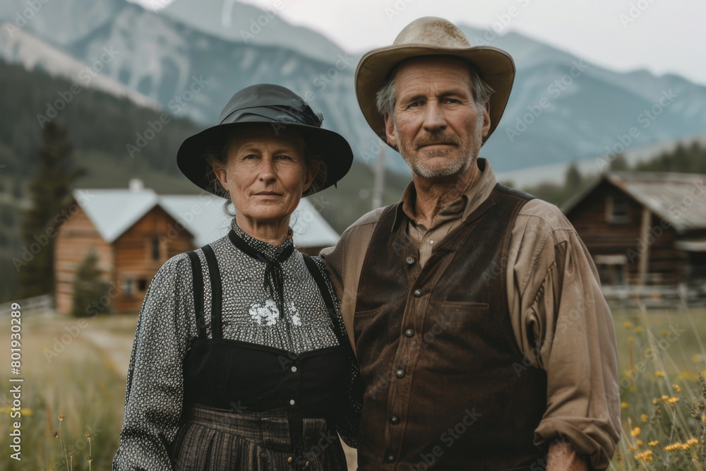 A portrait of the Amish on a mountain peak, with their house and mountain range in the background.