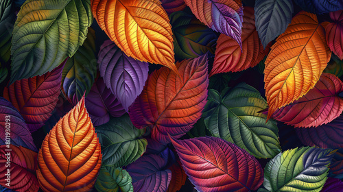 a painting of colorful leaves on a black background with a red  yellow  green  and blue leaf