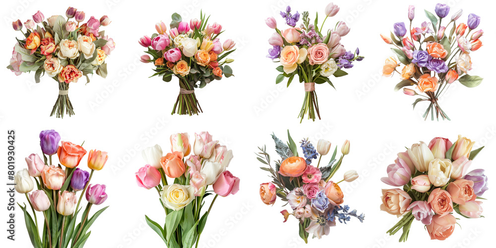 Set of Rose and tulip png mockup in 3d without backoground png for decoration.