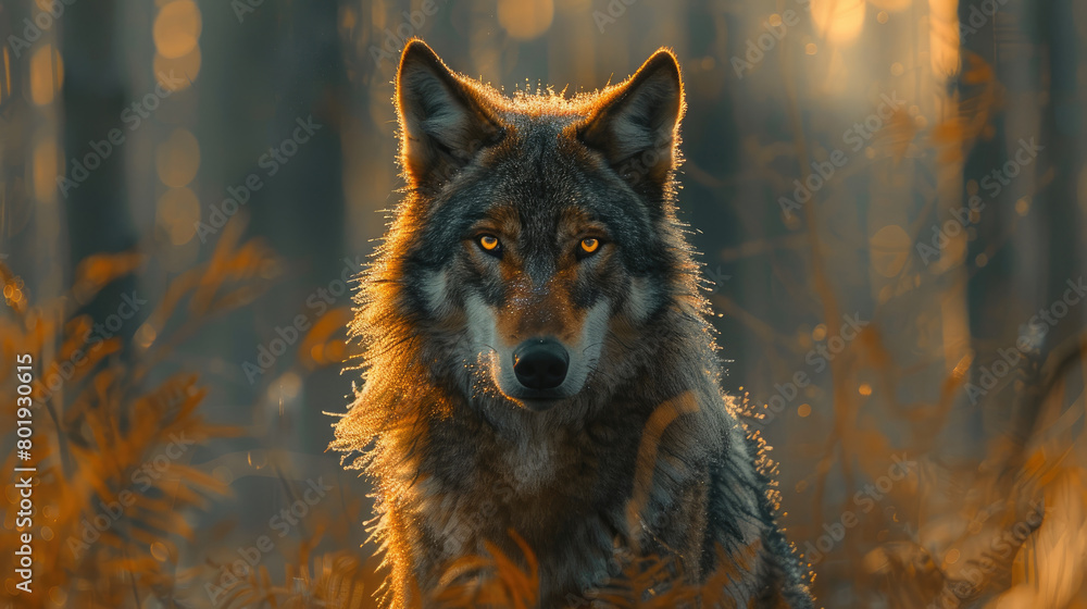 Portrait of a wolf standing in a foggy forest with sunlight shining through the trees in the morning