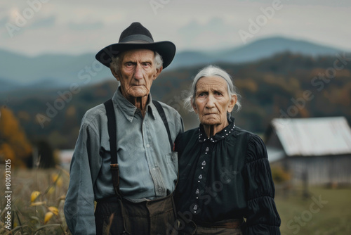 A portrait of the Amish on a mountain peak  with their house and mountain range in the background.