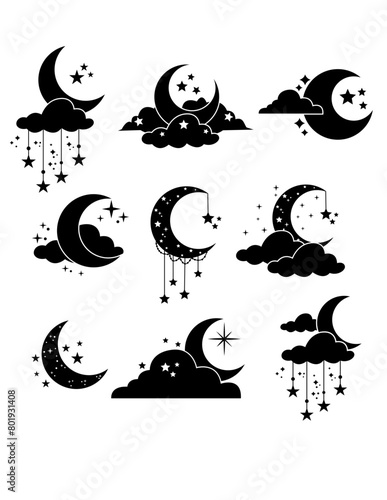 Moon and Stars | Rich Afro Lady | Crescent Moon | Mystical Stars | Celestial | Starry Night Sky | Quarter Moonlight | Original Illustration | Vector and Clipart | Cutfifle and Stencil