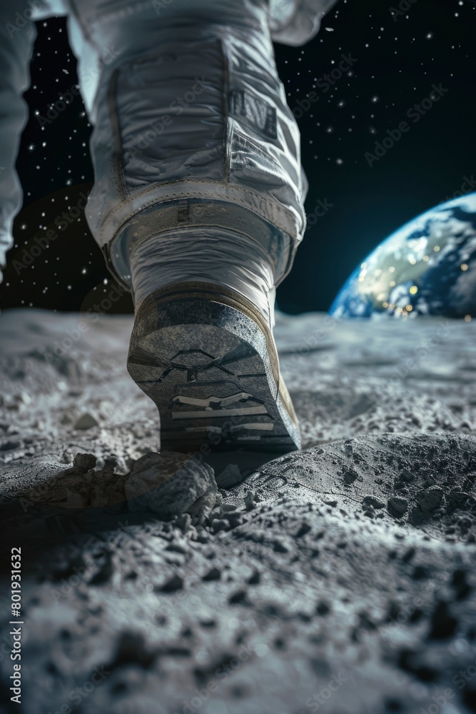 Astronaut's boot on the moon with Earth in the background Astronaut's boot on the moon with Earth in the background