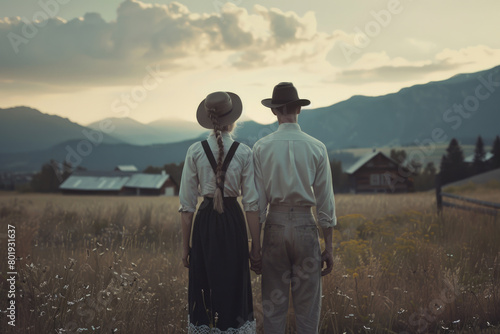 A portrait of the Amish on a mountain peak, with their house and mountain range in the background. © kalafoto