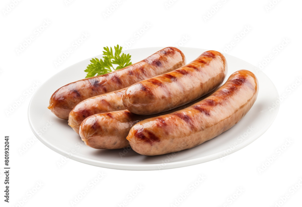 Grilled pork sausages on a plate with parsley garnish, ready to serve. Generative AI Grilled pork sausages on a plate with parsley garnish, ready to serve. Generative AI